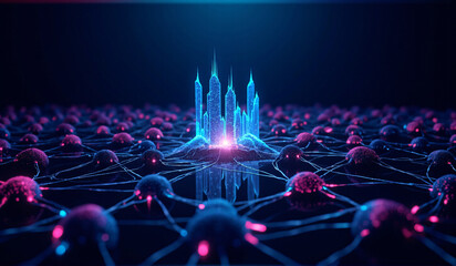 A computer generated image of a city in the middle of a network.