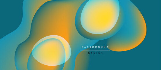 Abstract fluid shapes blend orange, yellow, teal hues. Modern design evokes movement, depth, visual interest. Background suitable for digital projects.