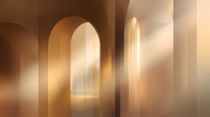 Golden light filtering through arched passageway in abstract architectural space