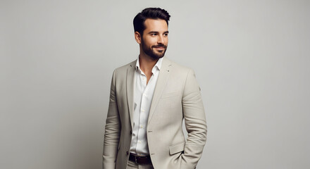 Confident successful businessman in beige suit looking away stylish modern portrait professional corporate headshot male model