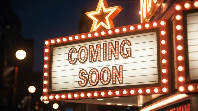 Experience the excitement of what's next with this dazzling marquee announcing 'Coming Soon'!