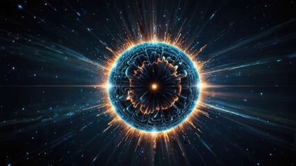 Fototapeta premium A vibrant cosmic sphere radiates energy, glowing with intense orange and blue light against a dark, star-dusted backdrop.