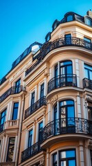 Fototapeta premium Beige building facade, ornate balconies, clear blue sky
