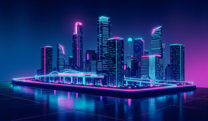 A futuristic city at night with neon lights.