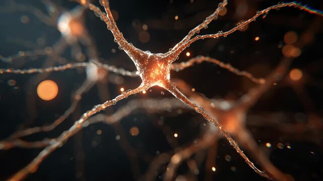 Neural network with glowing synapses and beta amyloid impact in brain cells creating complex dynamic neuron connections
