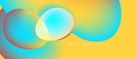 Abstract fluid shapes overlap, creating vibrant yellow, blue gradients. Modern design suggests energy, movement, positivity. Background features text.