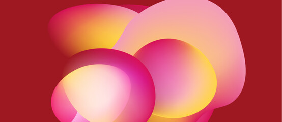 Abstract shapes overlap, creating vibrant color gradients. Pink, orange, yellow hues dominate against red background. Smooth transitions define forms.