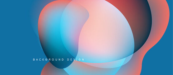Abstract fluid shapes overlap, creating vibrant color gradients. Blue, pink, red hues blend seamlessly. Modern design element.