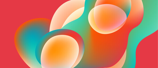 Abstract fluid shapes blend vibrant colors. Orange, teal, red create dynamic composition. Smooth gradients suggest movement, depth.