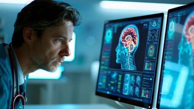 Doctor analyzing brain scan beta amyloid plaques computer screen medical research lab focused neurological data and brain scan