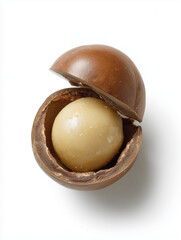 Macadamia nut cracked open revealing the seed on white background