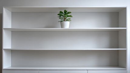 Minimalist Empty Bookshelf with a Small Potted Plant on Top