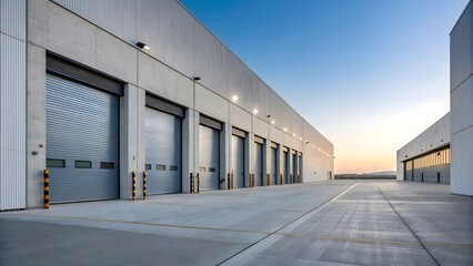 Modern Industrial Warehouse with Loading Bays at Sunset