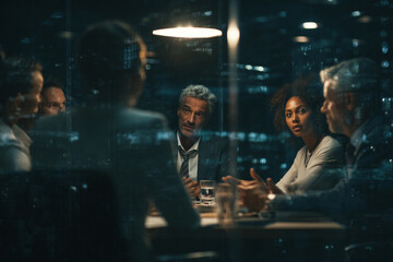 Senior business professionals in deep discussion during a nighttime office meeting team people