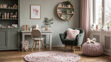 Cozy composition of kid room interior with round shelf, gray desk, green armchair, pink wall, braided rug, plush toys, braided basket, block toys and personal accessories.