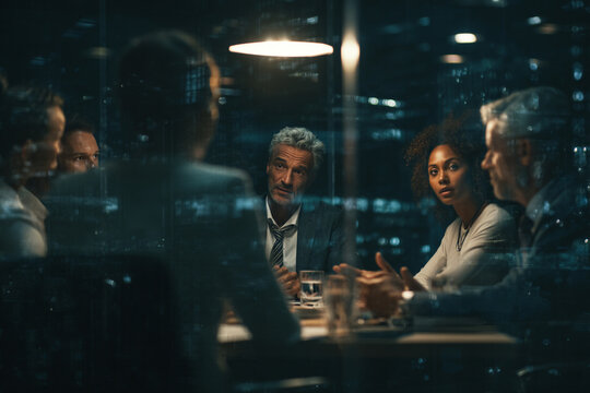 Senior business professionals in deep discussion during a nighttime office meeting team people