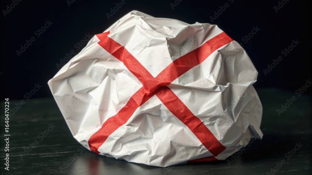 Poster crumpled paper with red cross design, resting on a dark surface, creating a striking contrast and te