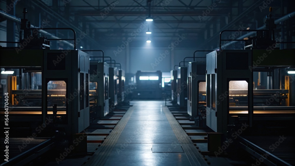 Aufkleber dark industrial setting featuring rows of machinery and equipment, illuminated by overhead lights, c