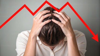 A person shows distress while holding their head, with a downward trend line in the background, symbolizing a decline or negative situation.