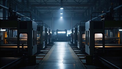 Fototapeta premium Dark industrial setting featuring rows of machinery and equipment, illuminated by overhead lights, creating a stark atmosphere.