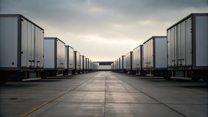 Obraz premium Rows of trucks parked on a concrete lot under an overcast sky, creating a symmetrical perspective.