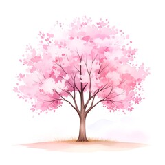 A watercolor painting of a blossoming pink tree, set against a soft, hazy background