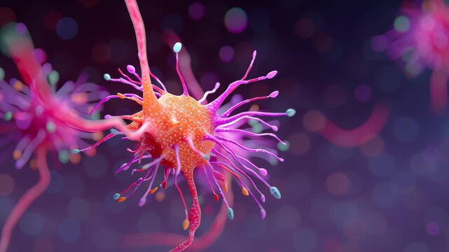 Beta amyloid microscopic neuron with colorful tendrils and vibrant neural connections showing intricate structures brain cells