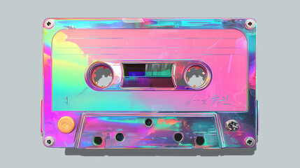Iridescent audio cassette exhibiting a retro vaporwave aesthetic
