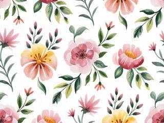Watercolor floral seamless pattern, hand-painted flowers and leaves, pastel botanical design, repeatable tile, elegant nature background for print and digital use