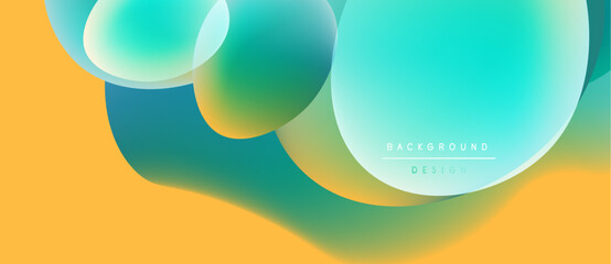 Abstract fluid shapes blend, creating vibrant yellow, teal gradients. Modern design evokes movement, energy, visual interest.