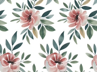 Obraz premium Watercolor floral seamless pattern, hand-painted flowers and leaves, pastel botanical design, repeatable tile, elegant nature background for print and digital use