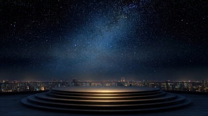 A circular platform on a rooftop overlooks a glittering cityscape under a vast, starry night sky