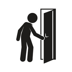 Isolated illustration pic black pictogram man walk and open door with door handle, template design for safety do not enter, exit, way out, direction, indoor navigation
