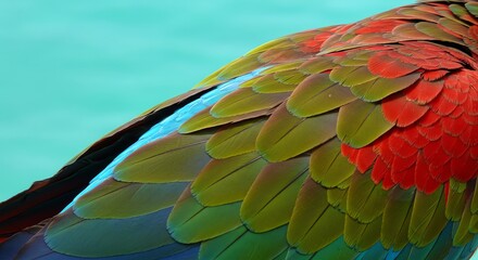 Obraz premium Close-up of Vibrant Parrot Feathers with Green Red and Blue Colors