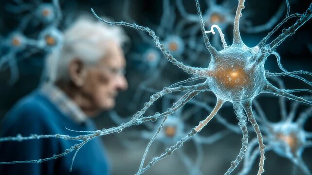 Elderly brain neurons with beta amyloid buildup showing neurodegenerative disease effects and memory loss linked to cognitive