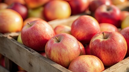 Close-up of fresh red and yellow apples in a wooden crate