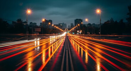 Fototapeta premium Night city road with light streaks from traffic motion blur