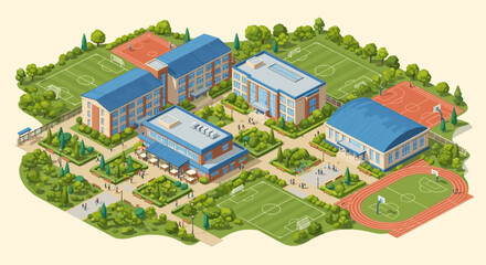 Isometric school campus illustration shows learning buildings and sports grounds for education concepts
