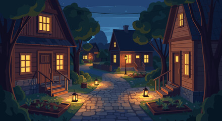 Enchanting village scene at night with cozy houses and lantern lit cobblestone path creating a peaceful mood © sainal
