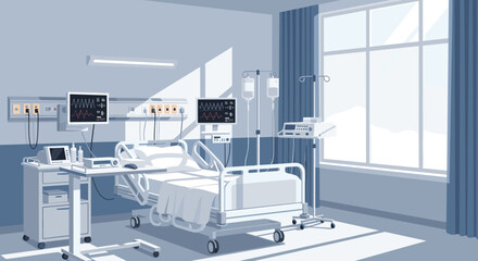 Modern hospital room with medical equipment ready for patient care and recovery featuring a hospital bed