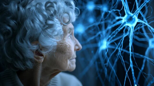 Elderly woman with deep wrinkles and thoughtful expression surrounded by glowing neuron network symbolizing beta amyloid impact