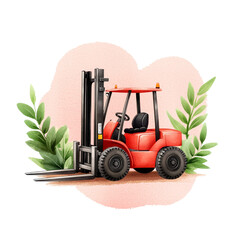 Red forklift surrounded by lush greenery