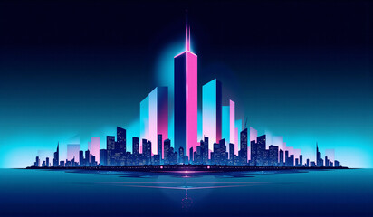 A city skyline at night with a reflection in the water.