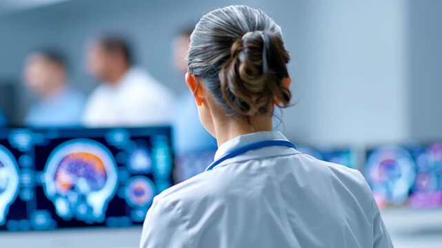Medical professional analyzing brain scan with beta amyloid markers showing neurological research and diagnosis clinical research