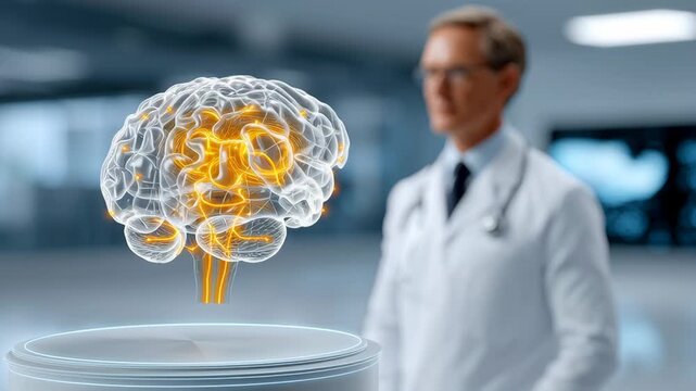 Brain neural network and beta amyloid plaques medical research lab with doctor showing innovative brain model and research concept