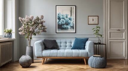 Cozy living room interior with mock up poster frame, boucle sofa, modern sculpture, stylish vase with flowering branches, blue pillow and personal accessories.