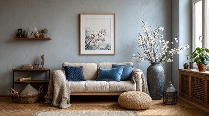 Fototapeta premium Cozy living room interior with mock up poster frame, boucle sofa, modern sculpture, stylish vase with flowering branches, blue pillow and personal accessories.