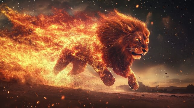 A fierce lion runs through flames, embodying power and intensity in a dramatic, fiery landscape.