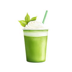 Refreshing green matcha drink topped with cream and leaves