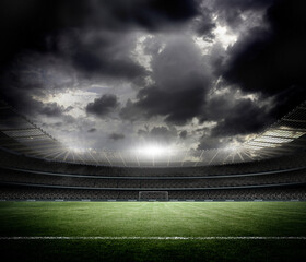 Dramatic Football Stadium Under Stormy Sky with Bright Floodlights, 3d rendering